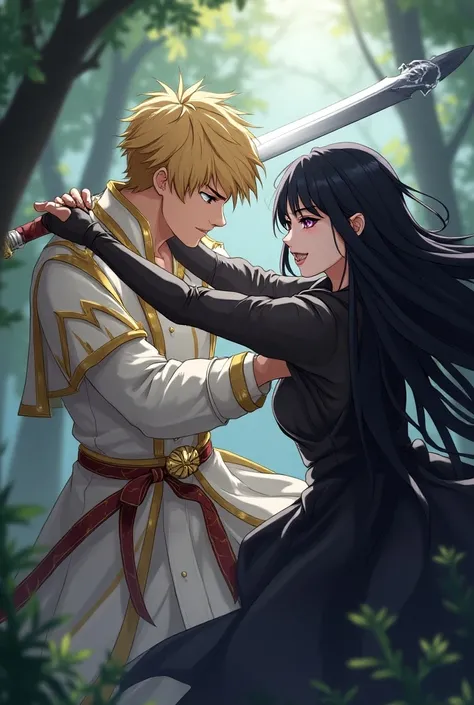 Man with 40 short blond hair and white and gold robes,  golden eyes, calm expression, 25-year-old woman with long black hair and dark robes , purple eyes, Fighting with swords , Anime medieval, Vilanesco smile, 2D