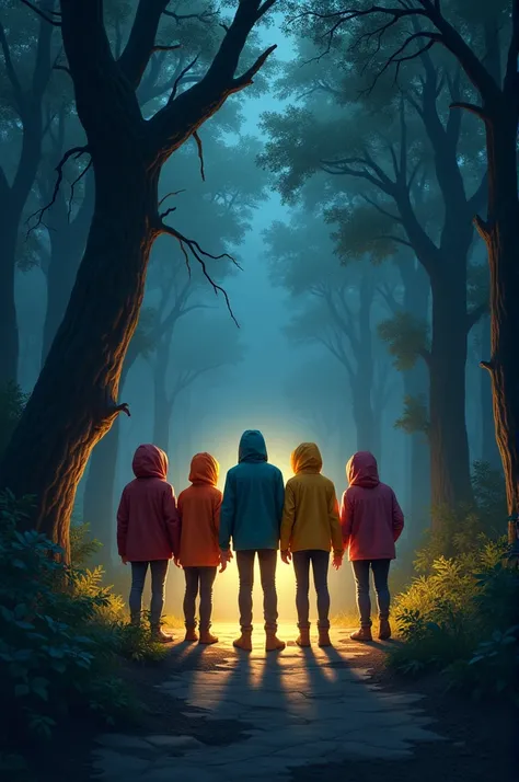  Group of five young people with flashlights and raincoats, standing at the entrance to the forest ,  looking hesitant and anxious to enter .
