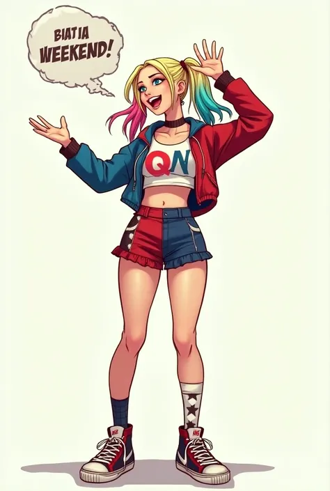 Harley quin female wearing a crop top ,short skirt and nike sneakers ,her arms are in the air,with a textballoon " Bijna weekend!!"