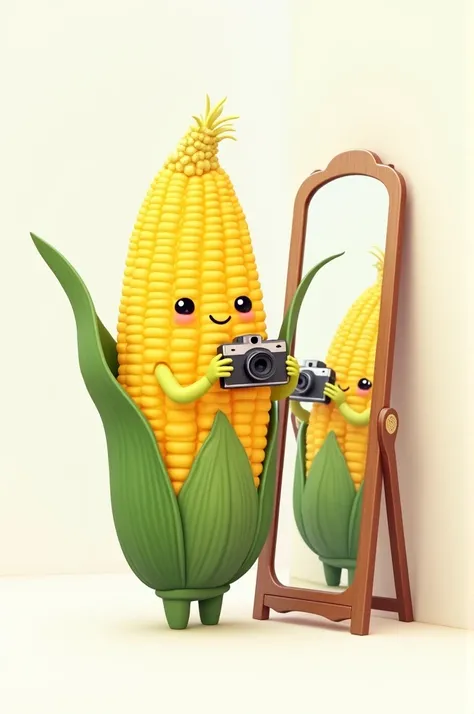 Create an image of a corn taking a picture in the mirror