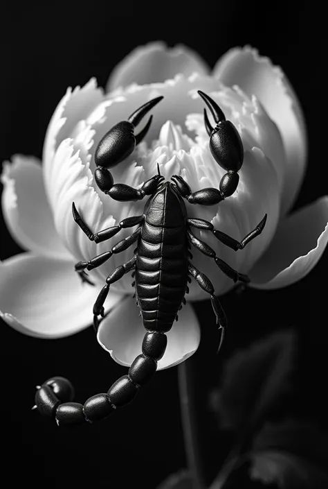 Image en noir et blanc dun Scorpion sur une pivoine 