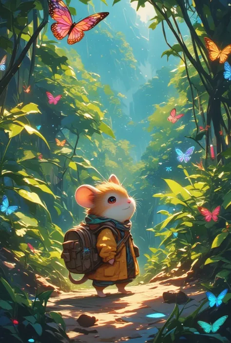 Amid the lush, verdant depths of the Amazonian jungle, a festival pulses with life and vibrancy, where an exquisitely cute hamster adventurer, robed in a vividly hued travelers attire, weaves through the bustling flora and fauna. On his back rests a diminu...