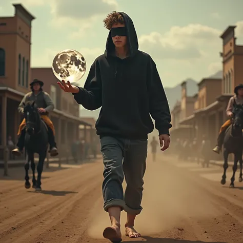  A young man with blindfolded eyes wears a black hoodie Through a Wild West-style town through which Do dust films float. He is barefoot,  holds a white moon on one of the palms of his hand ,  while another moon floats on the other ,  but instead this seco...