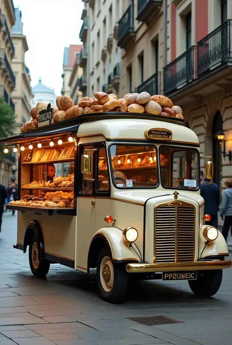 A cafeteria (truck), that is, a truck adapted to be a cafeteria  , a small truck and is elegantly decorated, inspired by the jazz era in the United States, with shades of beige, black, champagne, for sale, breads, desserts and coffee 