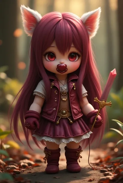 Create final fantasy style a beautiful fluffy baby with long straight burgundy hair with red eyes with a burgundy pacifier ornamented in the mouth using a metallic red pacifier cord adorned around the neck wearing a metallic wine vest with ornaments holdin...