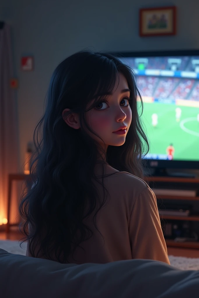 A 15-year-old girl sitting in front of the TV watching the game, named "Lamia Akhtar Shaitan".