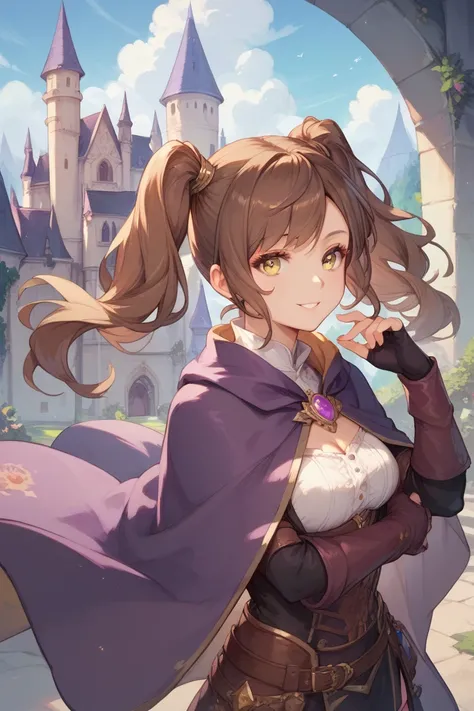 Adult girl, purple cloak, fantasy, wizard, twintails hairstyle, brown hair, yellow eyes, cheerful look, castle in the background