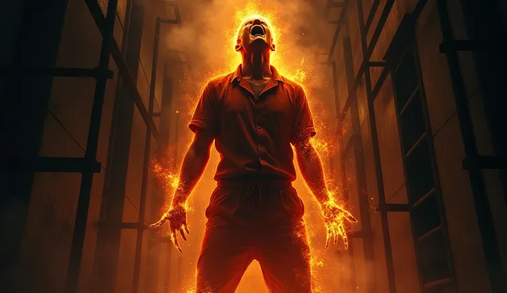 A prisoner wearing embers screams inside the prison