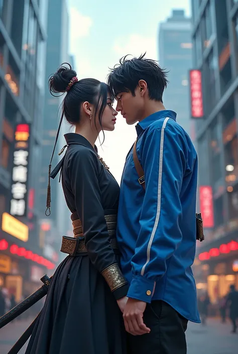 a woman in samurai clothing kissed a man dressed in a blue blouse and a white stripe in the middle of a city full of modern buildings 