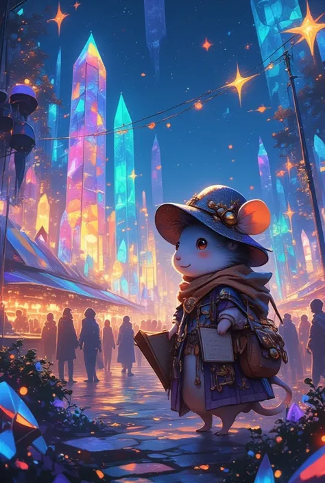 Envision a festival centered around the mesmerizing beauty of giant crystals that emit a hypnotic light, illuminating an entire valley in an otherworldly glow. At this festival, (a super cute hamster, clad as a whimsical bard with a cap adorned with miniat...