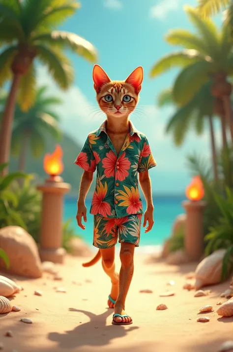 A slender Abyssinian cat in a summer outfit: colorful Hawaiian shirt, shorts, and flip-flops, walking upright on a tropical-themed runway with beach decor in the background."
