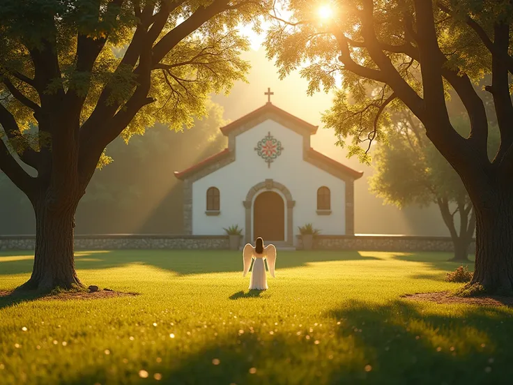 A serene and spiritual scene with elements inspired by Portuguese religious traditions. A peaceful outdoor setting near a football field, with golden sunlight streaming through the trees. In the background, a simple stone church stands with white walls, ad...