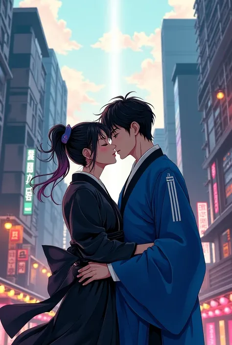 a woman in samurai clothing kissed a man dressed in a blue blouse and a white stripe in the middle of a city filled with modern manhwa 16 by 9 buildings