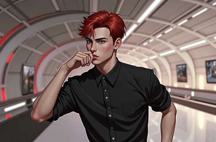  details,  red hair,  bites his lips, Reality, Futuristic, 