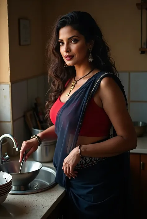 Scene -day scene, ultra realistic Masterpiece, A Indian Married Lady (hourglass body), she is wearing (dark blue transparent saree on a bright red blouse), Indian woman is washing dishes in the kitchen, cleavage, long curly hair, necklace , red glossy lips...