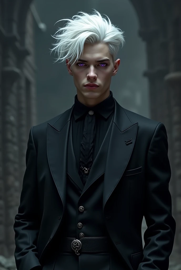 
Young necromancer man in mid-18s with white hair dark purple eyes and black suit with wise riot and dark background