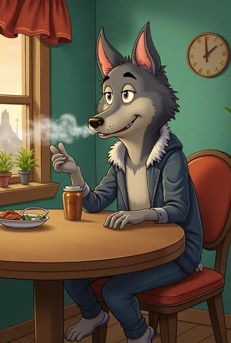 The wolf from the cartoon "Well, wait!" Smokes and sits at a round table