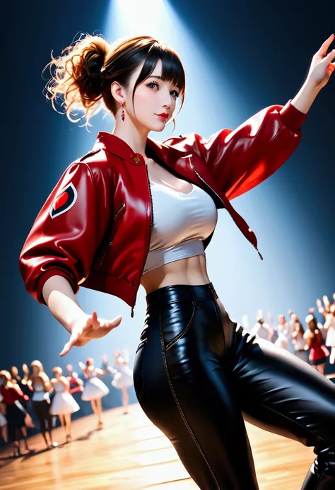 ((High quality, 8k)) masterpiece, Super realistic, detail body, Studio lighting,Beautiful anime women, her face is beautiful, cute and exotic,Her hair is red, she wears typical Wearing a white inner dress, and red jacket crop top, long black pants.Big brea...