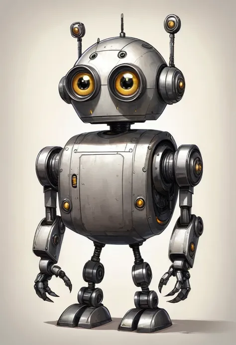  Draw a robot with big eyes , with big ears ,  with big legs and small ones, use small hands , star on the chest
