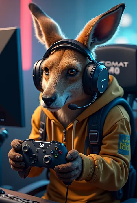 Male gamer kangaroo with headphones playing with Xbox Warzone controller