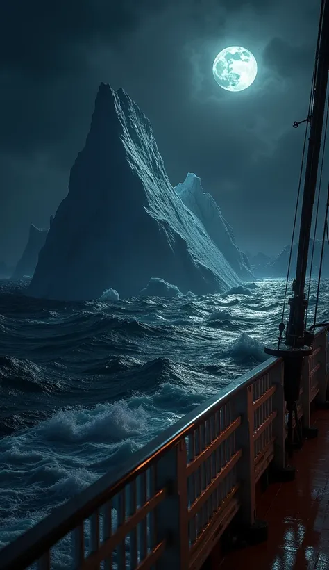 Create a view from the deck of the Titanic, looking out over the dark, cold ocean at night toward a massive iceberg looming in the near distance. The iceberg appears ghostly and imposing, illuminated by faint moonlight, with jagged edges contrasting sharpl...