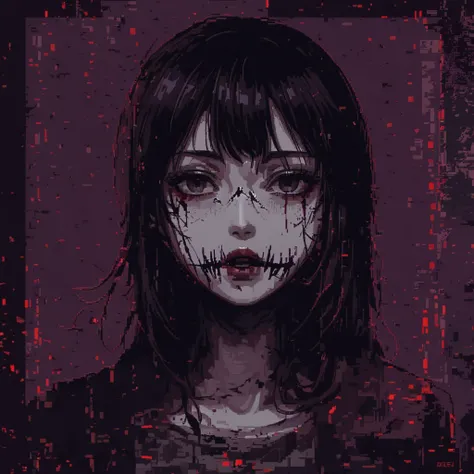 [pixel art .  anime girl, в horrorном стиле манги;  A state of anxious stillness ,  the mood of dark mystery and subcultural anxiety ], [pixel art, manga style , horror], [ Pixel Art Revolution 128x128 ,  style with vivid white ;  Dark forest or black and ...