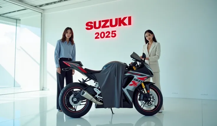 A sleek, modern  without dress sexy ders 2 females ( Suzuki GSX R1000R 2025 ) partially covered with a  cloth displaying a prominent(  2025)  logo, being unveiled by two people. The bike is   with a streamlined design, positioned in an indoor clear white s...