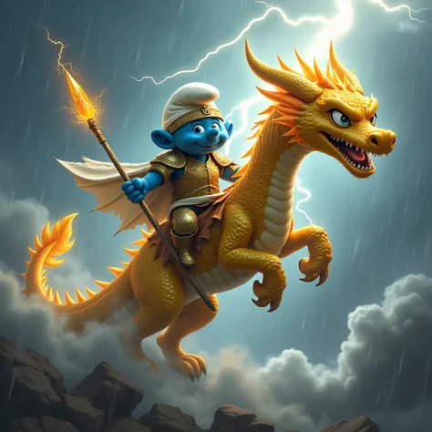  Smurf in gold armor with an electrified spear ,  riding a golden dragon . The fire-breathing dragon ,  in a stormy sky with lots of lightning and under a pouring rain. The dragon comes out of a thick mist .  The smurph looks smiling but conquering 