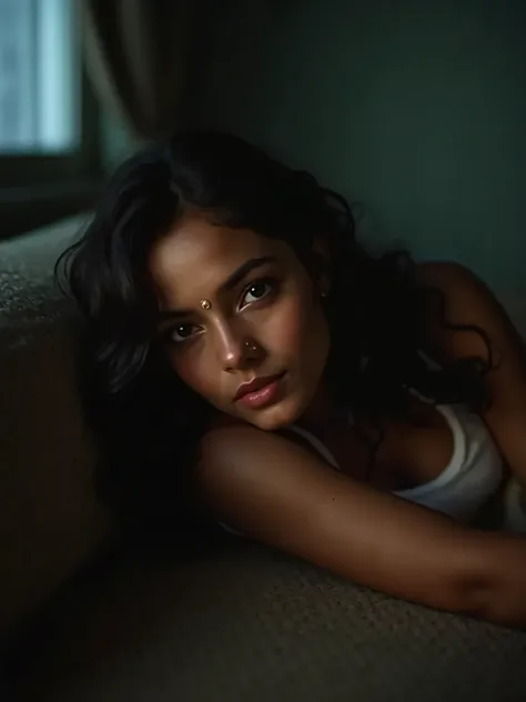 a captivating image of a 21-year-old Bengali woman lying seductively on a couch in a dark room. She gazes into the camera with an alluring expression, wearing a nose pin that adds to her charm. Her face is softly illuminated by moonlight filtering through ...