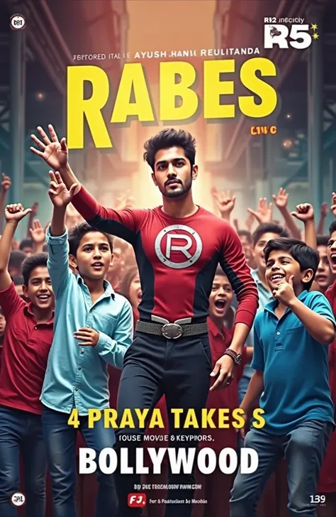 A Bollywood superhero movie poster featuring a handsome young heroic man in a striking red and black superhero costume written "R" letter on chest, bearing a close resemblance to Ayushmann Khurrana. He is depicted in a powerful, dynamic stance, his face ra...