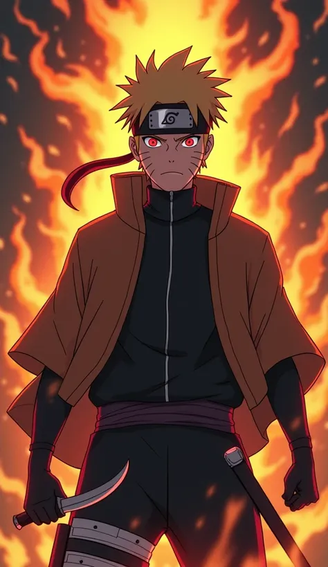 Handsome Adult Naruto Uzumaki Standing Cool With Kunai, Angry, Serious, Anime Style, Anime, Masterpiece, Accurate, Aura Monster Kyuubi,Red Eyes, 