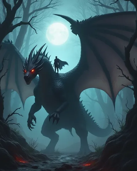 A dark and mysterious dragon with scales that shimmer like obsidian, its piercing red eyes glowing ominously through a thick, swirling fog. The dragons massive wings are partially visible, casting eerie shadows on the ground. The scene is set in a shadowy,...