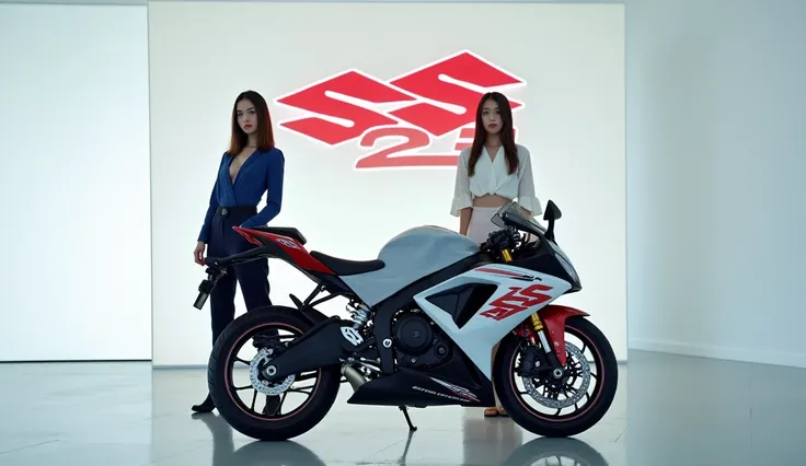 A sleek, modern  without dress Full sexy ders 2 females ( Suzuki GSX R1000R 2025 ) partially covered with a  cloth displaying a prominent(  2025)  logo, being unveiled by two people. The bike is   with a streamlined design, positioned in an indoor clear wh...