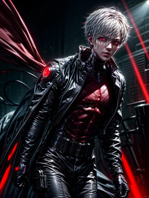 1boy, high resolution, ultra detailed, best quality, amazing, top quality, extremely detailed CG unity, detailed glowing red eyes, depth of field, red clothes, half cyborg body, cinematic lighting, , cyberpunk, dark boy, white hair, red eyes, cyborg mask, ...