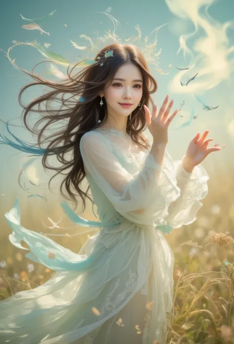 1 asian woman ,spirit of the wind, photorealistic, the woman waving her arms and hands and the wind moving along with her hands like a dance with her hands .