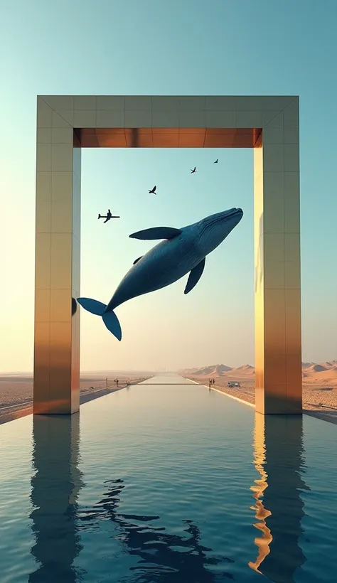 Drone photography of the Worlds Largest Picture Frame" Opens in Dubai, The Dubai Frame 3d render, Dubai city current view, A Blue Whale float through the centre of The Dubai Frame, realistic, unusual, incredible, creative, The desert is visible in the dist...