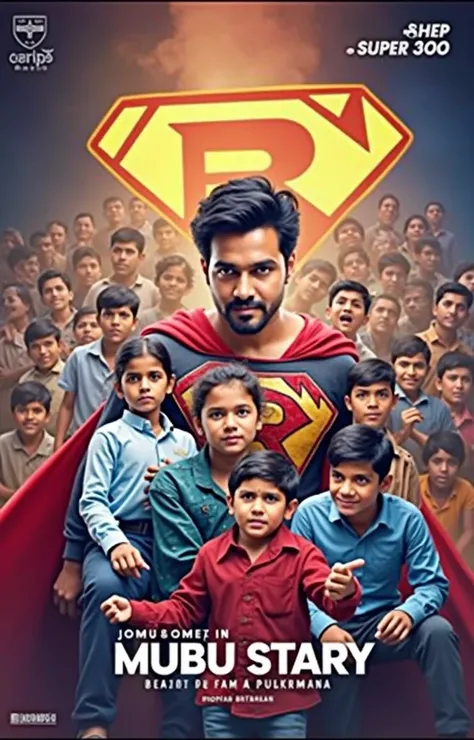 A Bollywood superhero movie poster featuring a handsome young heroic man looks like ayushman khurrana in a striking red and black superhero costume written "R" letter on chest, bearing a close resemblance to Ayushmann Khurrana. He is depicted in a powerful...