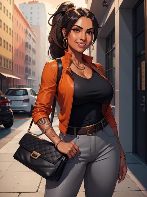 (masterpiece:1.2), best quality, high resolution, unity 8k wallpaper, (illustration:0.8), 1girl, solo, a woman with a mix of Latina and Navajo features, a woman in her mid-twenties, yellow eyes, tan-bronze skin, black hair, her hair is in a ponytail style,...