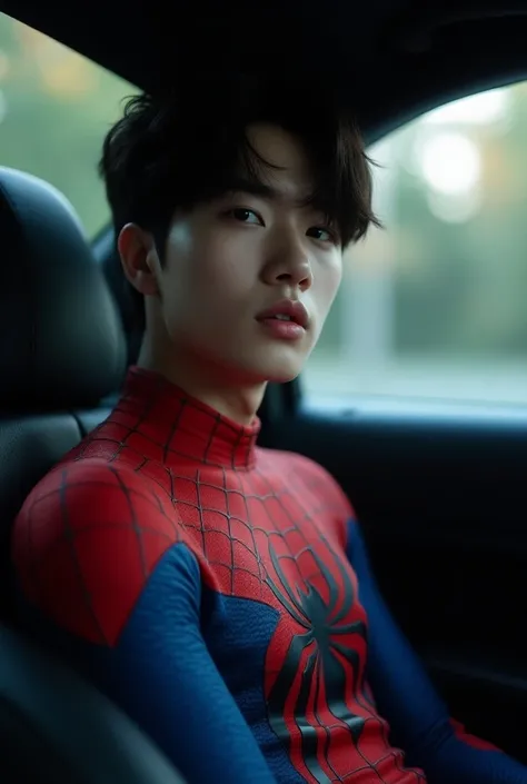 a man with a spiderman dress sitting in a car, hyung tae, Kim Tae Jun, cai xukun, Steven Jung, hong junio hyung, jinyoungs chin, taken in the early 2020s, around 20 years old, androgynous face, jungkook, (best quality,4k,8k,highres,masterpiece:1.2),ultra-d...