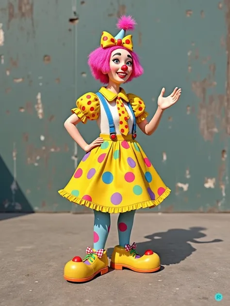  A clown with round skirt with colored polka dots ,  with suspenders ,  white blouse with yellow sleeves with colored polka dots,  pink hair with yellow ribbon with colored polka dots ,  polka dot tie ,  yellow clown shoe with colored polka dots  