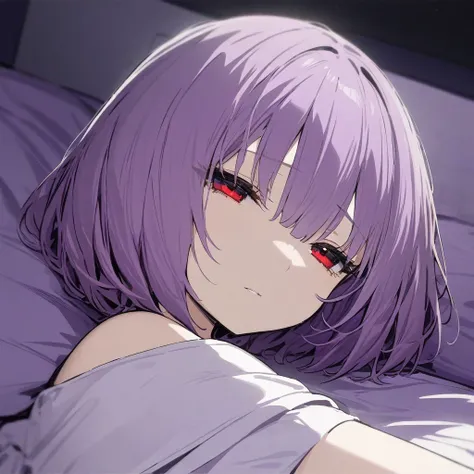 (masterpiece, best quality) 1girl, Short Hair (purple lilac colour), sad eyes (red crimson eyes colour), wearing white dress, lying on the bed, bedroom, in the night, sad vibe, best quality, best lightning 