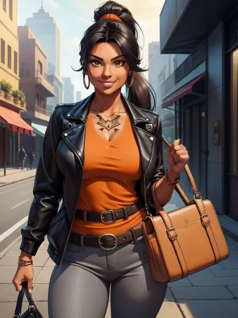 (masterpiece:1.2), best quality, high resolution, unity 8k wallpaper, (illustration:0.8), 1girl, solo, a woman with a mix of Latina and Navajo features, a woman in her mid-twenties, yellow eyes, tan-bronze skin, black hair, her hair is in a ponytail style,...