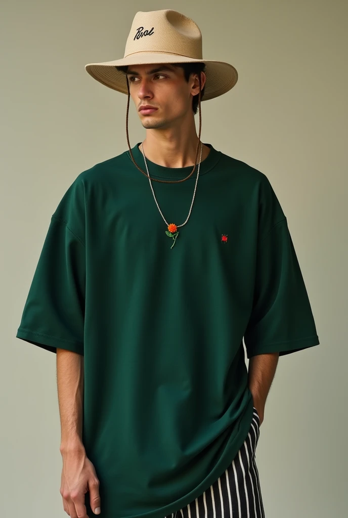  Mens dark green oversized t-shirt with a small STEMMLESS ORANGE flower embroidery on the chest centered, wide dress pants all black and WHITE TENNIS air force one ,  also has a classic beige fishing hat with drawstring and on the hat there is a signature ...