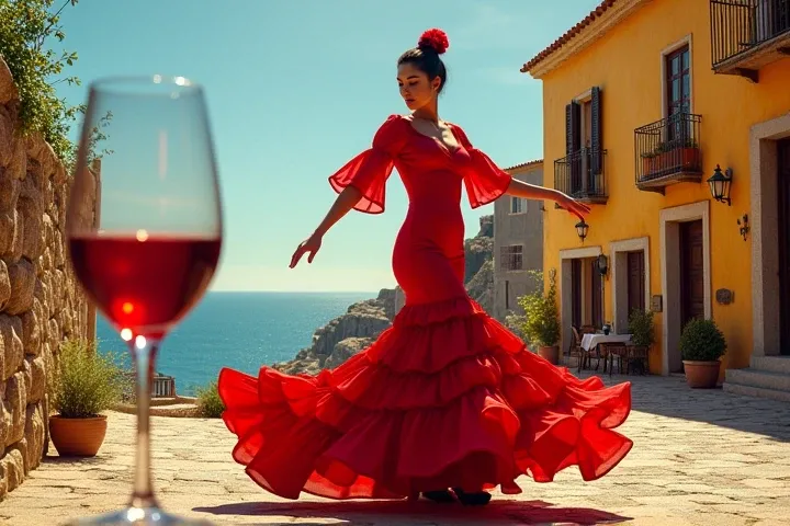  Create a bright and eye-catching image for an article about Spains hidden side.  In the foreground, depict traditional Spanish symbols :  blue sea beach ,  flamenco dancer in a red dress and a glass of wine .  In the background add slightly more muted ima...