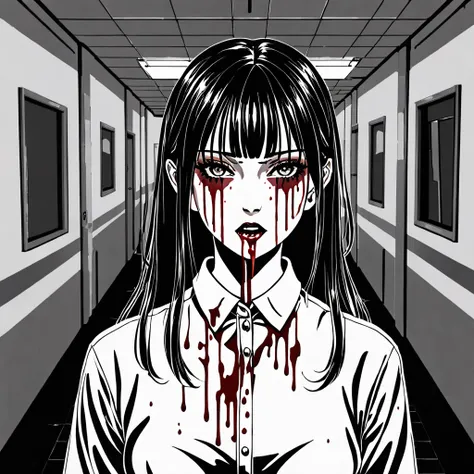 [pixel art .  anime girl, в horrorном стиле манги;  A state of anxious stillness ,  the mood of dark mystery and subcultural anxiety ], [pixel art, manga style , horror], [ Pixel Art Revolution 128x128 ,  style with vivid white ;  Dark forest or black and ...