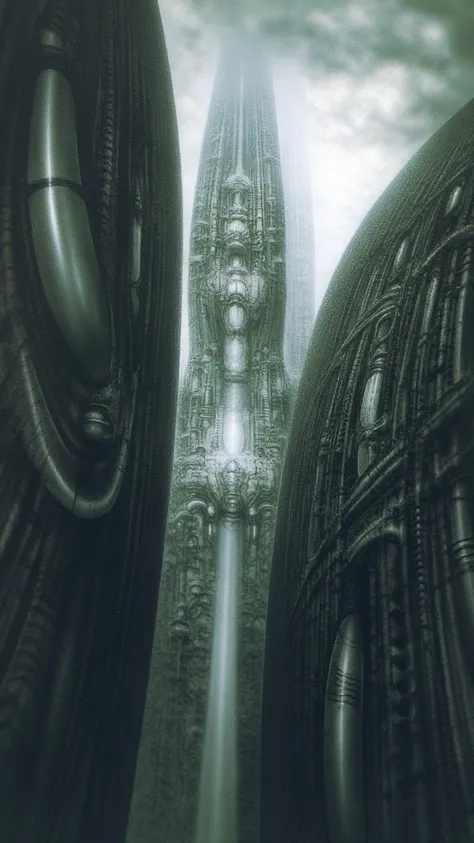 HRGGR, The image is a detailed view of H.R. Gigers biomechanical tableau " LANDSCAPE No 312 " plate, featuring ( Gigers is a fantasy-style illustration of a complex, intricate mechanical structure, resembling a futuristic city or fortress, with a central s...