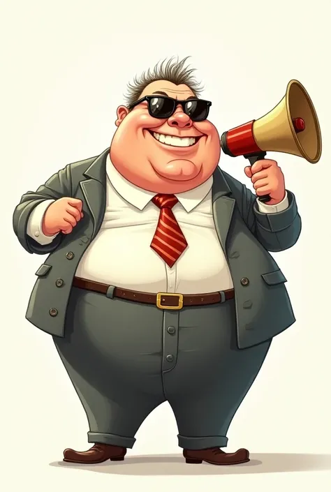  Cartoon of an obese politician with a smile and a tie,  holding a megaphone and with a surprised expression on his face . His hair is sparse , and wears dollar sunglasses .