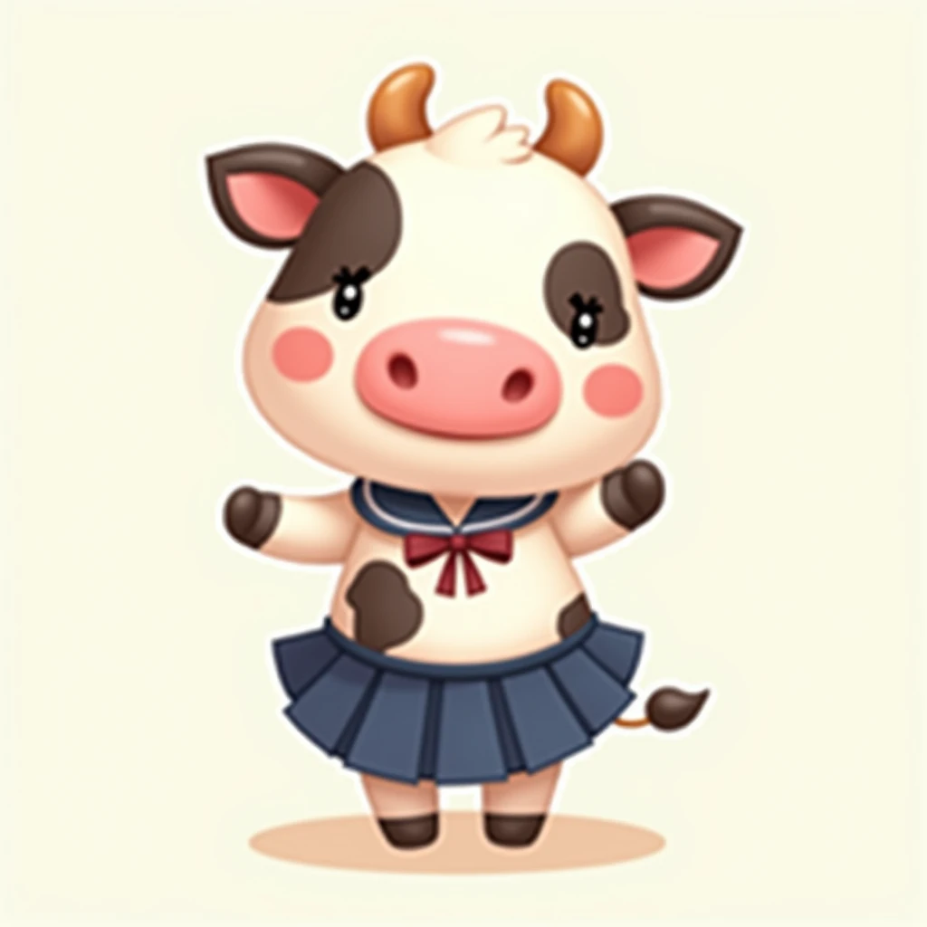  cute, cartoon dairy cow with a round face,dance posture ，Wearing a school skirt，and its expression is playful and confident. Japanese kawaii style，UHD, super detail, high quality, high details, highres, best quality, 16k