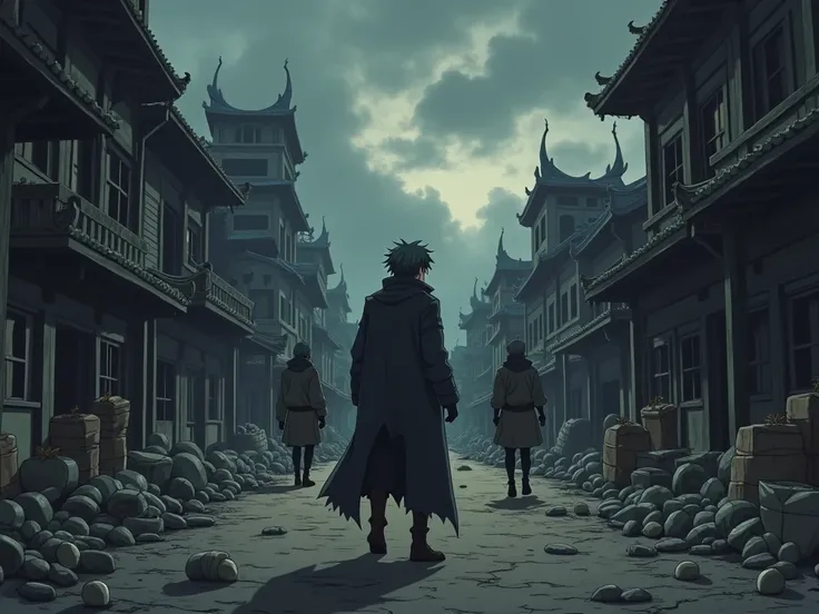 "An anime-style scene of the main character and his companions leaving a ruined ancient market. The character glances back one last time with a grim expression, while the background shows the market in shambles, with scattered goods, injured people, and de...