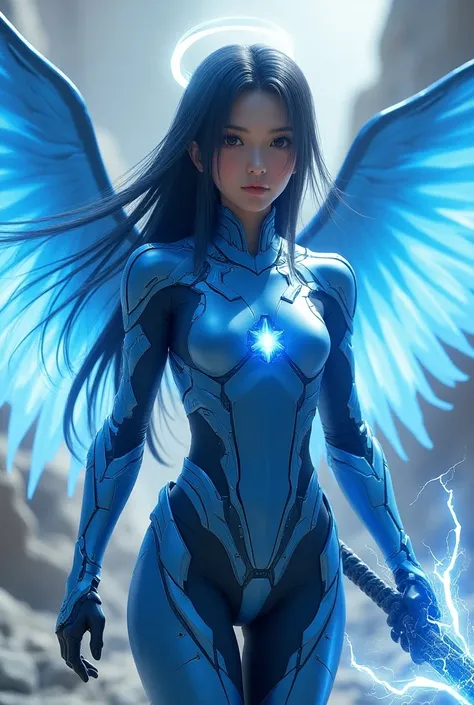 Beautiful teen japanese girl with technological blue iron armor from the future. Large Glowing Angel wings made of light, shield of the future, Lightning sword. With a halo on the head